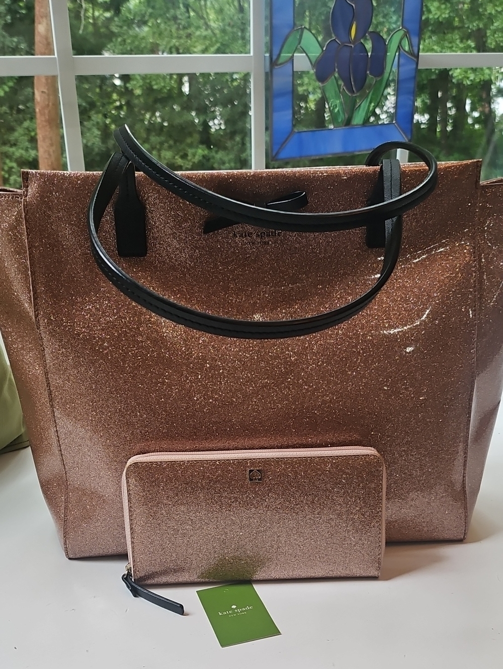 New kate spade Rose Gold Glitter Tote with black straps And New Matching Wallet